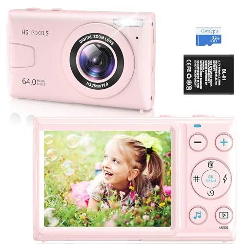 Pink Kids 4K Digital Camera: Compact Camera for Photography and Video, 64MP Autofocus Camera with 18X Digital Zoom 32GB TF Card, Vintage Camera for Boys and Girls Students Gift (Pink) - GWAEPU