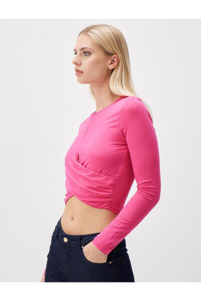 Pink Long Sleeve Crew Neck Crop Top - 2