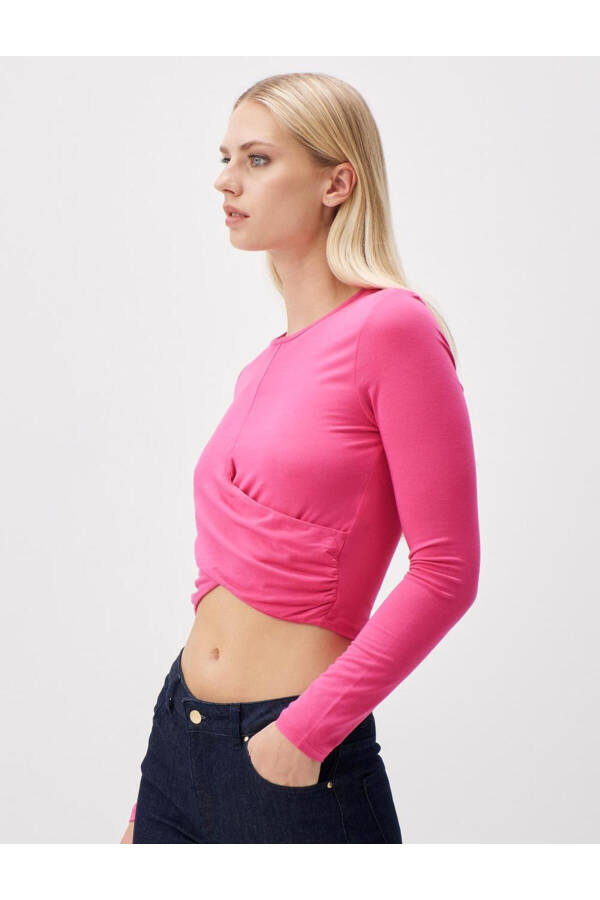 Pink Long Sleeve Crew Neck Crop Top - 2