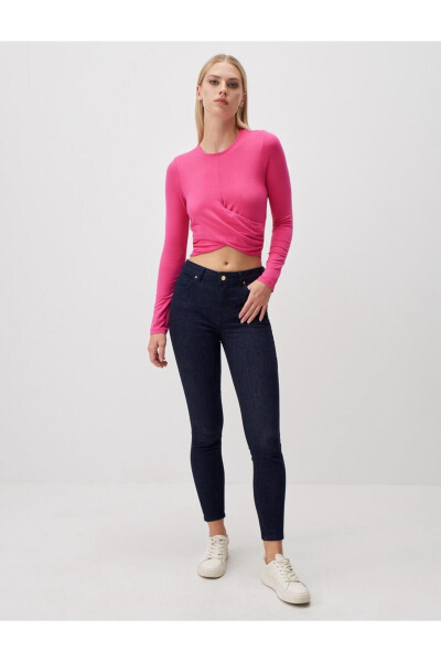 Pink Long Sleeve Crew Neck Crop Top - 4
