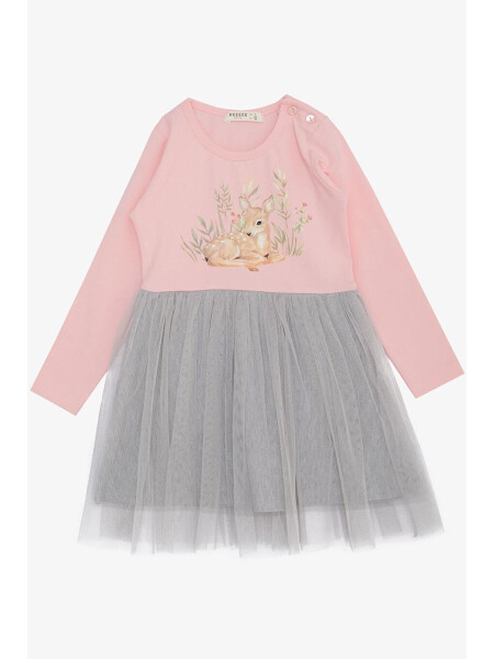 Pink Long Sleeve Dress with Cute Giraffe Print and Floral Design for Girls (1.5-5 Years) - LC WAIKIKI