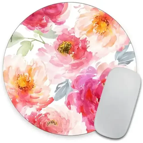 Pink Peony Flower Round Mousepad, Personalized Custom Design Mouse Pads，Cute Waterproof Circular Non-Slip Rubber Base Small Mouse Pad， Mousepad for Laptop Computers - 1