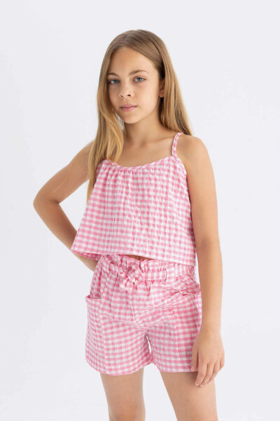 Pink Plaid Paperbag Shorts for Girls - 4