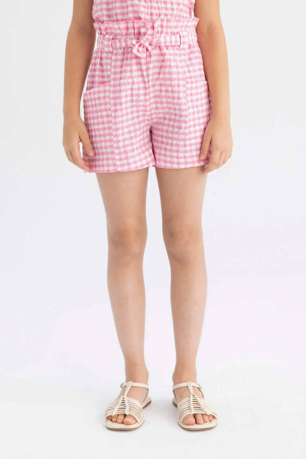 Pink Plaid Paperbag Shorts for Girls - 5