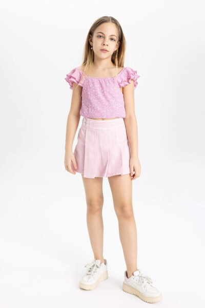 Pink Pleated Gabardine Shorts Skirt for Girls - 4