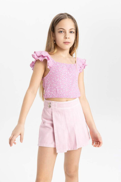 Pink Pleated Gabardine Shorts Skirt for Girls - 5