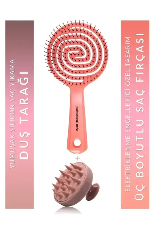 Pink Pro 3D Oval Hair Brush + Pink Silicone Shower Massage Comb - 5