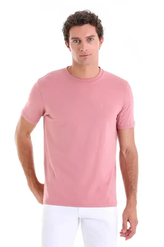 Pink Regular Fit Plain Cotton Crew Neck Knit T-Shirt-Pink - HATEMOĞLU