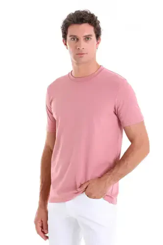 Pink Regular Fit Plain Cotton Crew Neck Knit T-Shirt-Pink - HATEMOĞLU (1)