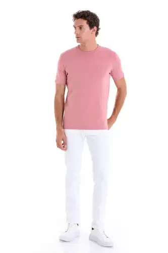 Pink Regular Fit Plain Cotton Crew Neck Knit T-Shirt-Pink - 4