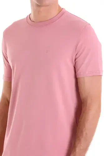Pink Regular Fit Plain Cotton Crew Neck Knit T-Shirt-Pink - 5