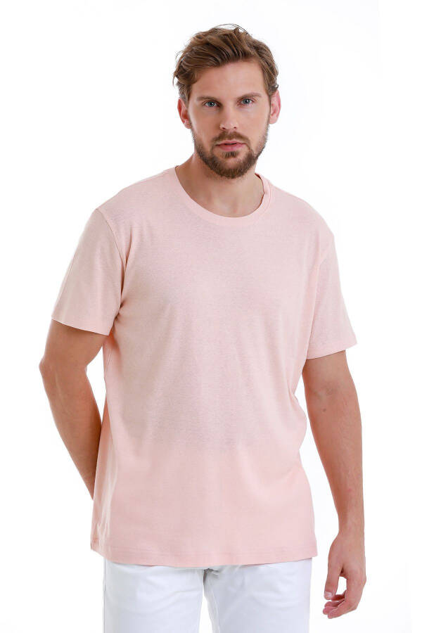 Pink Regular Fit Plain Crew Neck Linen T-Shirt-P - 1
