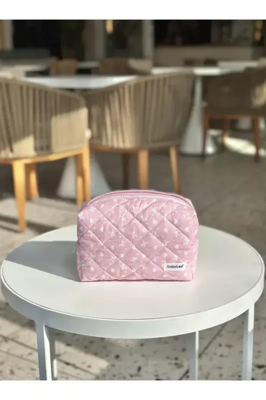 Pink Ribbon Patterned Makeup Bag - Large Size-Pink - 2