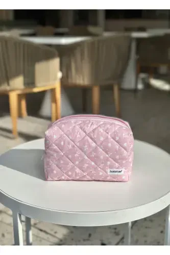 Pink Ribbon Patterned Makeup Bag - Large Size-Pink - 3