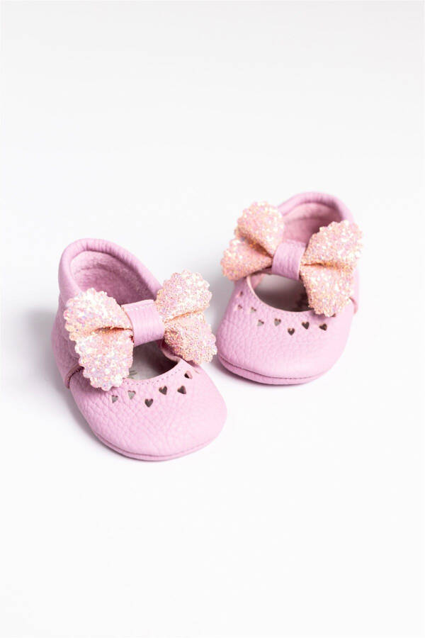 Pink Sequined Bow Leather Baby Girl Moccasins - 3