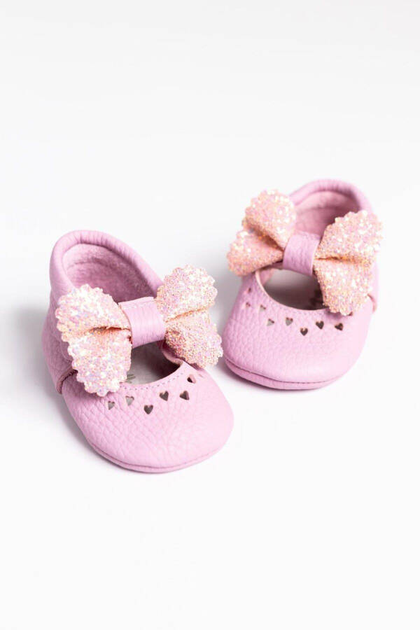 Pink Sequined Bow Leather Baby Girl Moccasins - 1