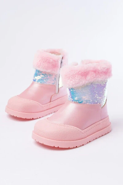 Pink, sequined, zippered, fuzzy, waterproof girls' boots. - MODAZONE