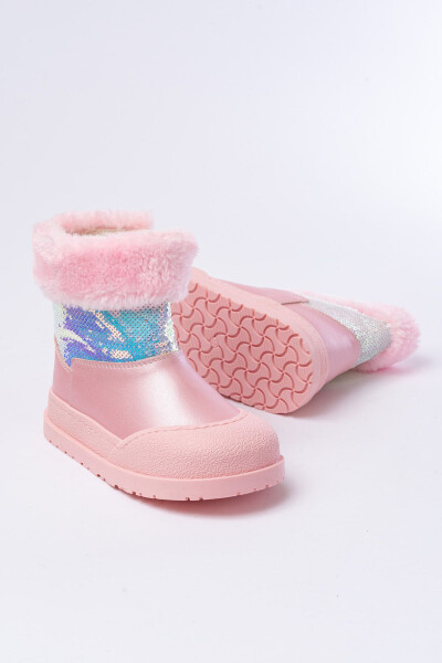 Pink, sequined, zippered, fuzzy, waterproof girls' boots. - 2