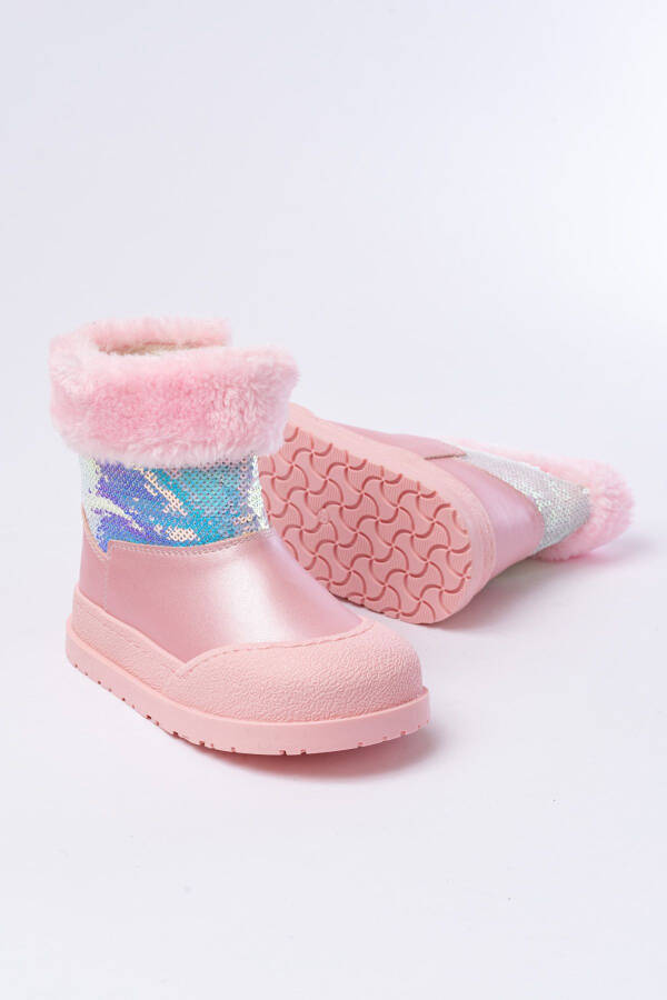 Pink, sequined, zippered, fuzzy, waterproof girls' boots. - 2