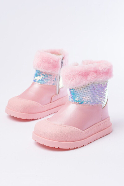 Pink, sequined, zippered, fuzzy, waterproof girls' boots. - 7
