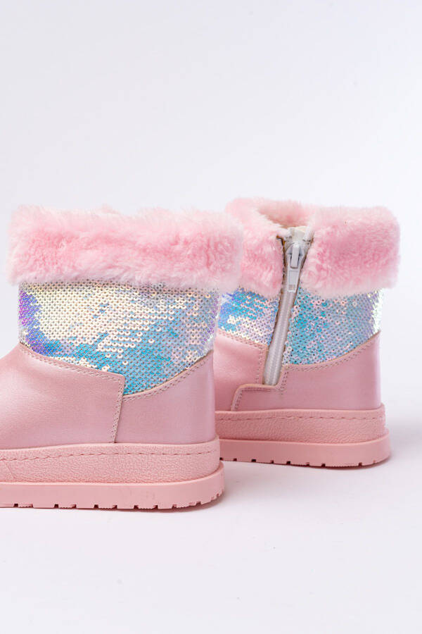 Pink, sequined, zippered, fuzzy, waterproof girls' boots. - 10