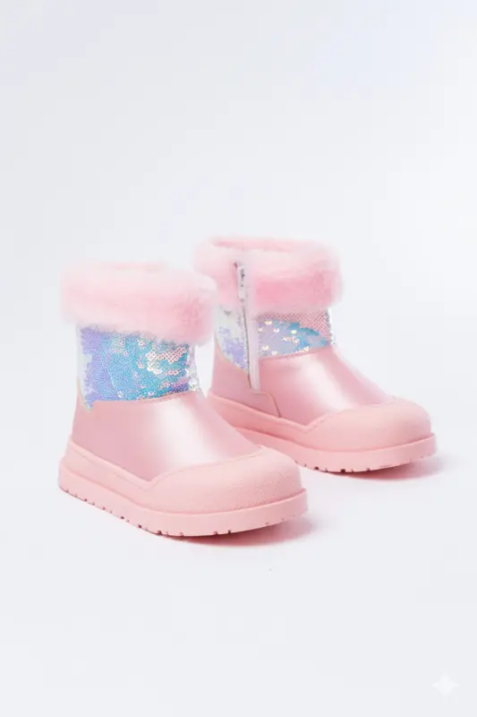Pink, sequined, zippered, fuzzy, waterproof girls' boots. - 1