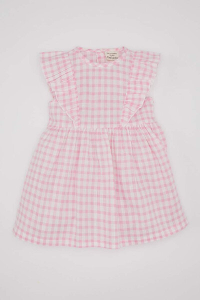 Pink Sleeveless Linen Look Dress with Baby Girl Design - 5