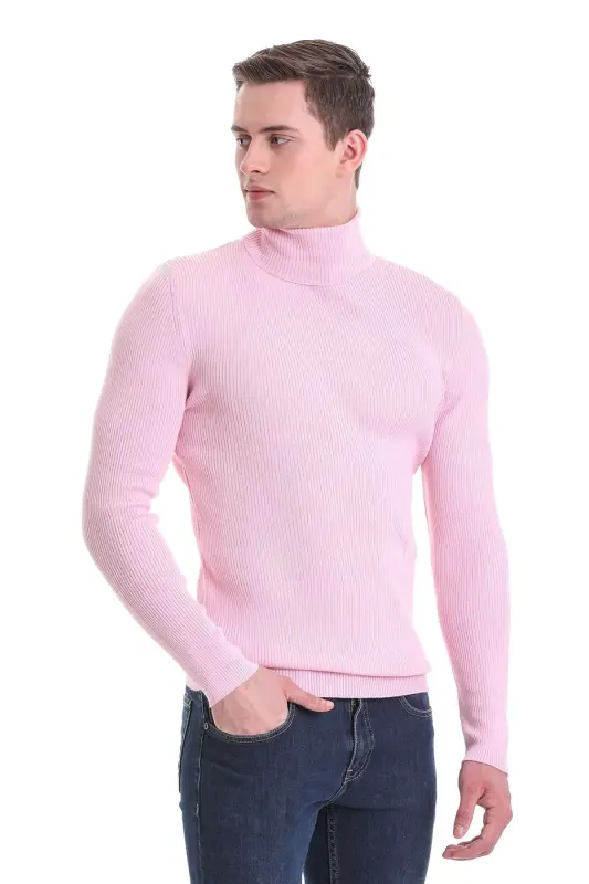 Pink Slim Fit Ribbed Turtleneck Wool Knit Sweater - Pink - 1