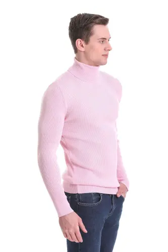Pink Slim Fit Ribbed Turtleneck Wool Knit Sweater - Pink - 4