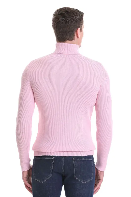 Pink Slim Fit Ribbed Turtleneck Wool Knit Sweater - Pink - 7