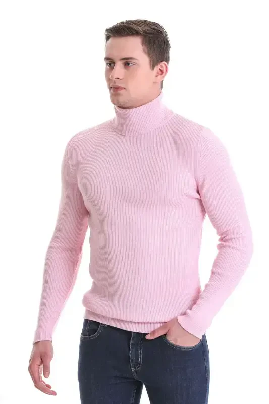 Pink Slim Fit Ribbed Turtleneck Wool Knitwear - 5