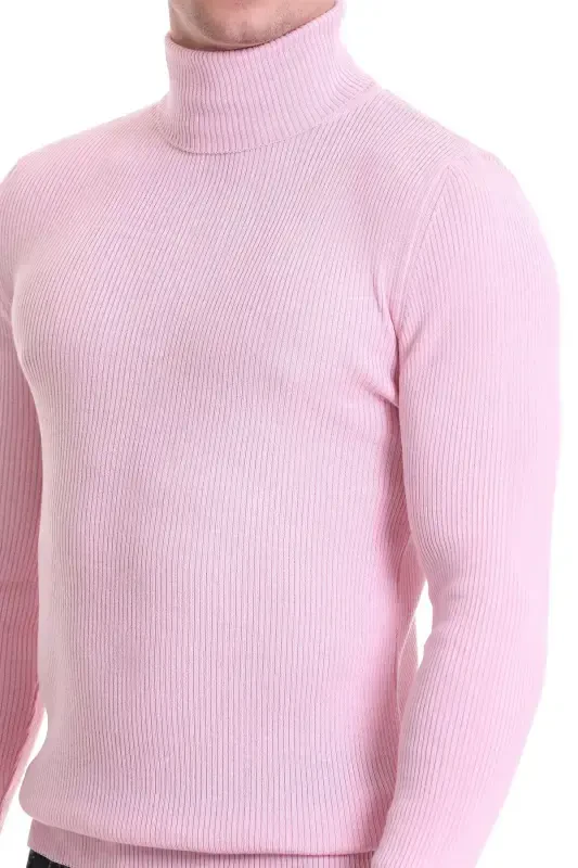 Pink Slim Fit Ribbed Turtleneck Wool Knitwear - 6