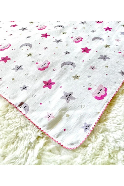 Pink Star Cloud Pattern Muslin Baby Swaddle Blanket - ANNE DOKUNUŞU GIBI KUZUM BEBE