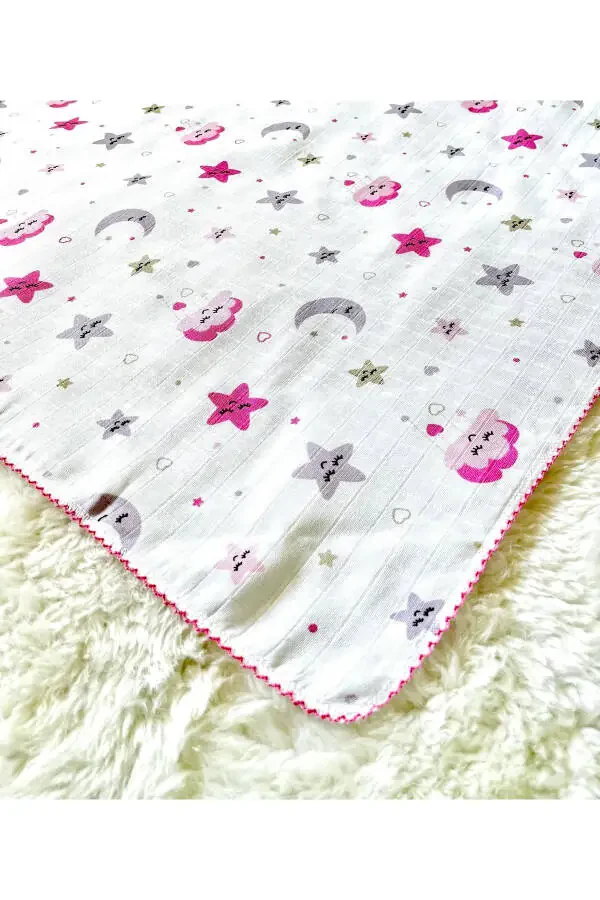 Pink Star Cloud Pattern Muslin Baby Swaddle Blanket - 1