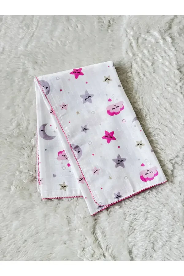 Pink Star Cloud Pattern Muslin Baby Swaddle Blanket - 2
