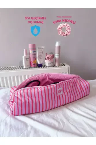 Pink Striped Hair Curler Straightener Bag Waterproof Airwrap Airstrait Compatible Travel Case-Pink Striped - 1