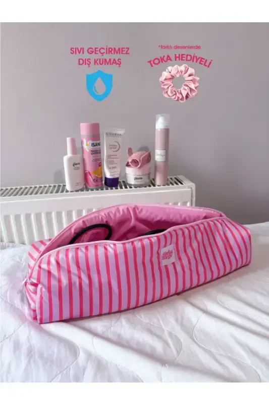 Pink Striped Hair Curler Straightener Bag Waterproof Airwrap Airstrait Compatible Travel Case-Pink Striped - 1