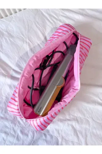 Pink Striped Hair Curler Straightener Bag Waterproof Airwrap Airstrait Compatible Travel Case-Pink Striped - GIRLSYBAGS (1)