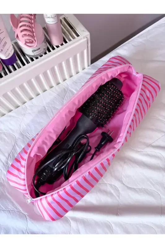 Pink Striped Hair Curler Straightener Bag Waterproof Airwrap Airstrait Compatible Travel Case-Pink Striped - 3
