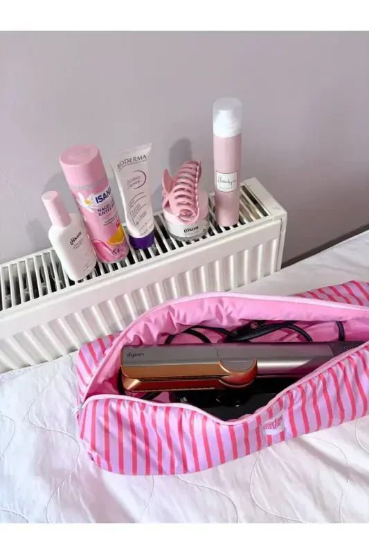 Pink Striped Hair Curler Straightener Bag Waterproof Airwrap Airstrait Compatible Travel Case-Pink Striped - 5