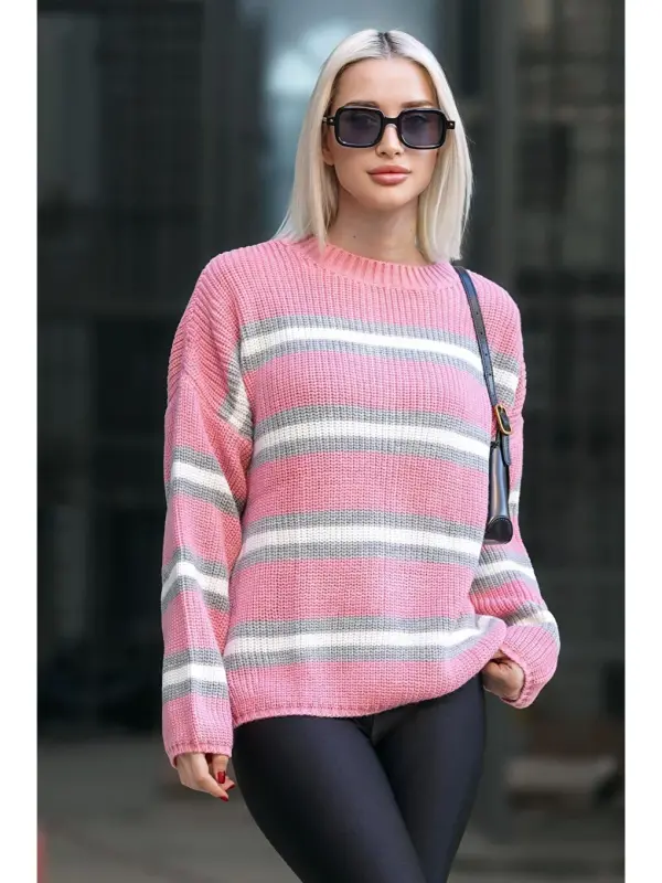 Pink Striped Knit Sweater Mg1244-Pink - 2