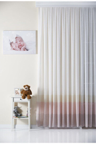 Pink Striped Linen Look Kids Room Voile Curtain Melon - Non-Pleated - Frilled Extra-long - 1