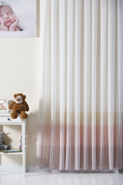 Pink Striped Linen Look Kids Room Voile Curtain Melon - Non-Pleated - Frilled Extra-long - 2