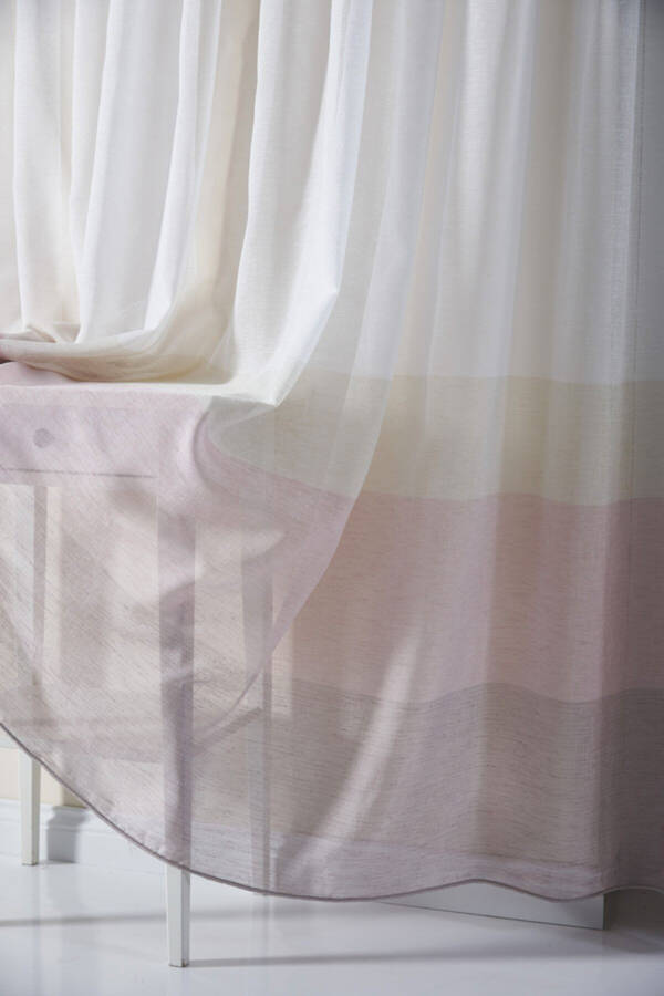 Pink Striped Linen Look Kids Room Voile Curtain Melon - Non-Pleated - Frilled Extra-long - 4