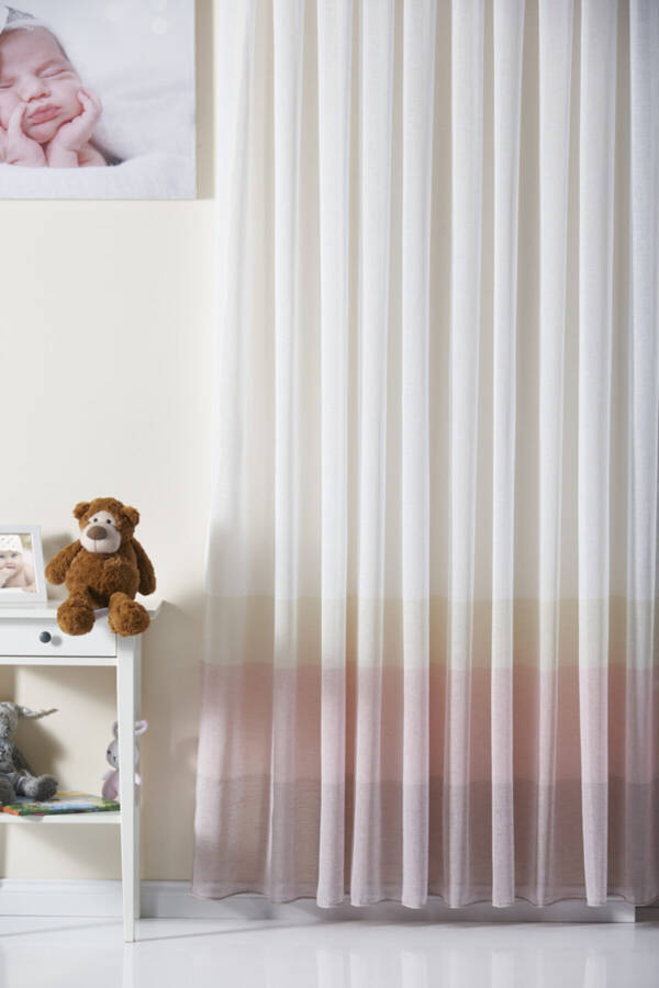 Pink Striped Linen Look Kids Room Voile Curtain Melon - Non-Pleated - Frilled Extra-long - 8