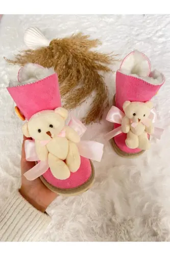 Pink Suede Buttoned Boot with Wool Lining and Teddy Bear Accessory - PINK 