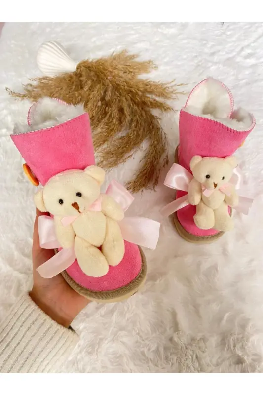 Pink Suede Buttoned Boot with Wool Lining and Teddy Bear Accessory - PINK - PORTAKAL BEBEK