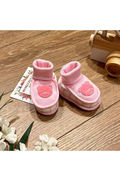 Pink Suede Teddy Bear Print Cotton Baby Booties - 2