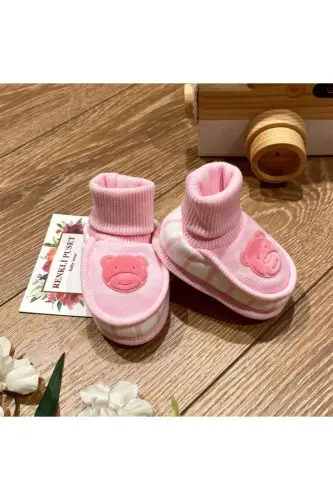 Pink Suede Teddy Bear Print Cotton Baby Booties - RENKLI PUSET (1)