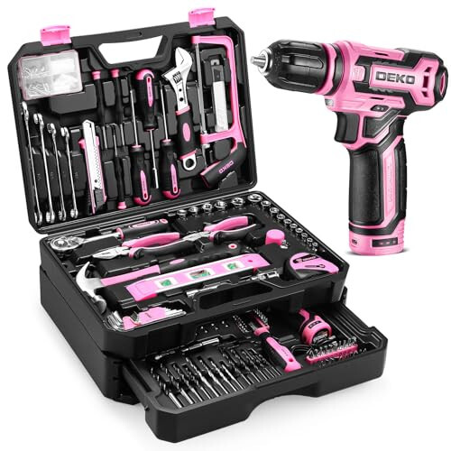 Pink Tool Kit Box Drill Set: DEKOPRO Home Mechanic Toolbox with 12V Power Cordless Drill Hand Repair Tools Sets Combo Kits Storage Organizer Drawer Case for Women - 1